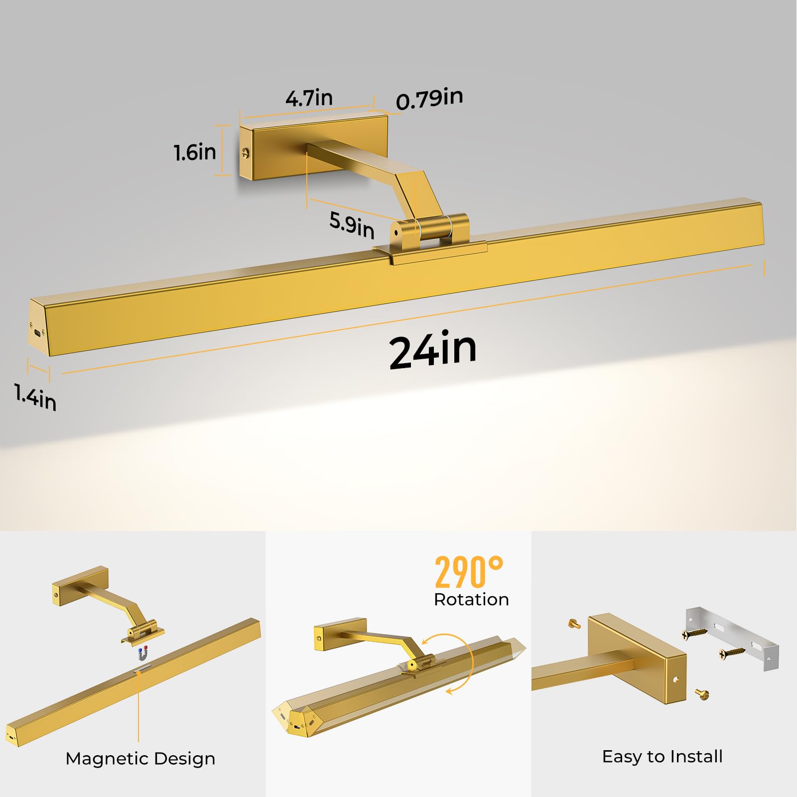 AIBOO - Lámpara LED inalámbrica recargable con mando a distancia, 60 cm, iluminación de imagen inalámbrica, 6500 mAh, lámpara de pared interior, iluminación regulable (dorado)