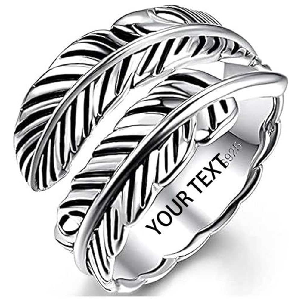 AVECON Sterling Silver Feather Ring with Black Onyx & Turquoise - Adjustable Stacking Vintage Statement Ring for Women & Men