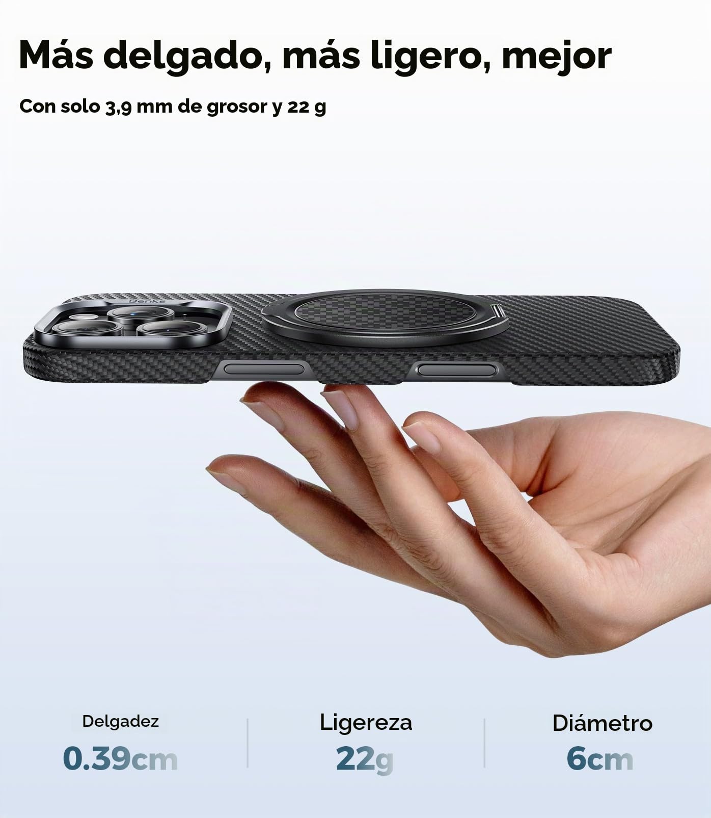 BENKS Soporte y Agarre Magnético para MagSafe – Anillo 360° Rotación de Fibra de Aramida, Liviano y Resistente, Compatible con iPhone 17/16/15/14/13 Pro MAX y MagSafe Fundas