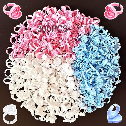 Glue Rings, 300 PCS Glue Rings for Eyelash Extension, Disposable Smart Lash Glue Rings,Cute Glue Cups Eyelash Glue Holder,Heart Glue Rings for Lash Eyelash Extension Supplies (Heart Pink&White&Blue)