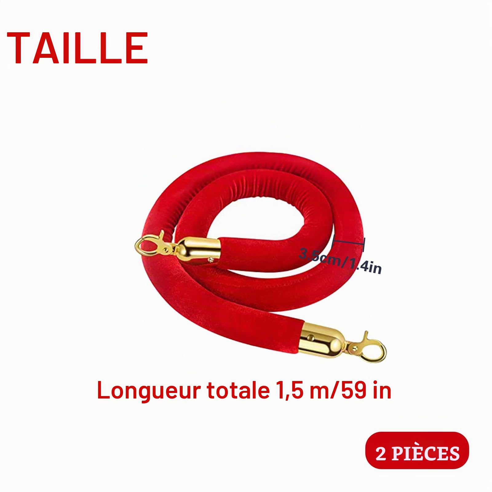 2 pièces Velours Corde de Barrières Barrier Ropes Barrière Corde Rouge Corde Barrière de Contrôle de Foule Séparation Épaisse de File d’Attente 150cm
