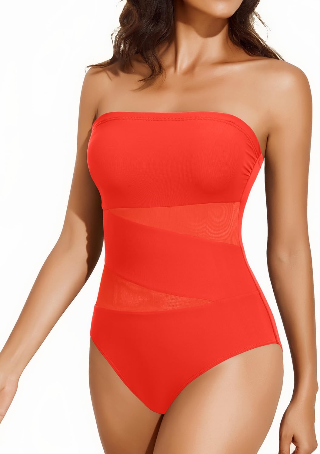 Holipick Women Strapless One Piece Swimsuit Tummy Control Bandeau Bathing Suit Mesh Cutout Swimwear - Image 3