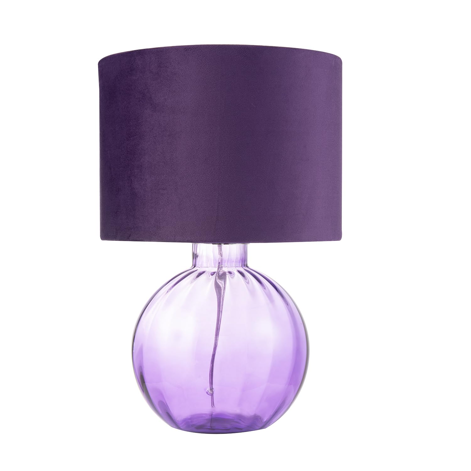 Happy Homewares Contemporary Designer Deep Purple Ribbed Glass Round Table Lamp with Matching Velvet Fabric Drum Shade | 1 x E27 60w Maximum | 42cm Height