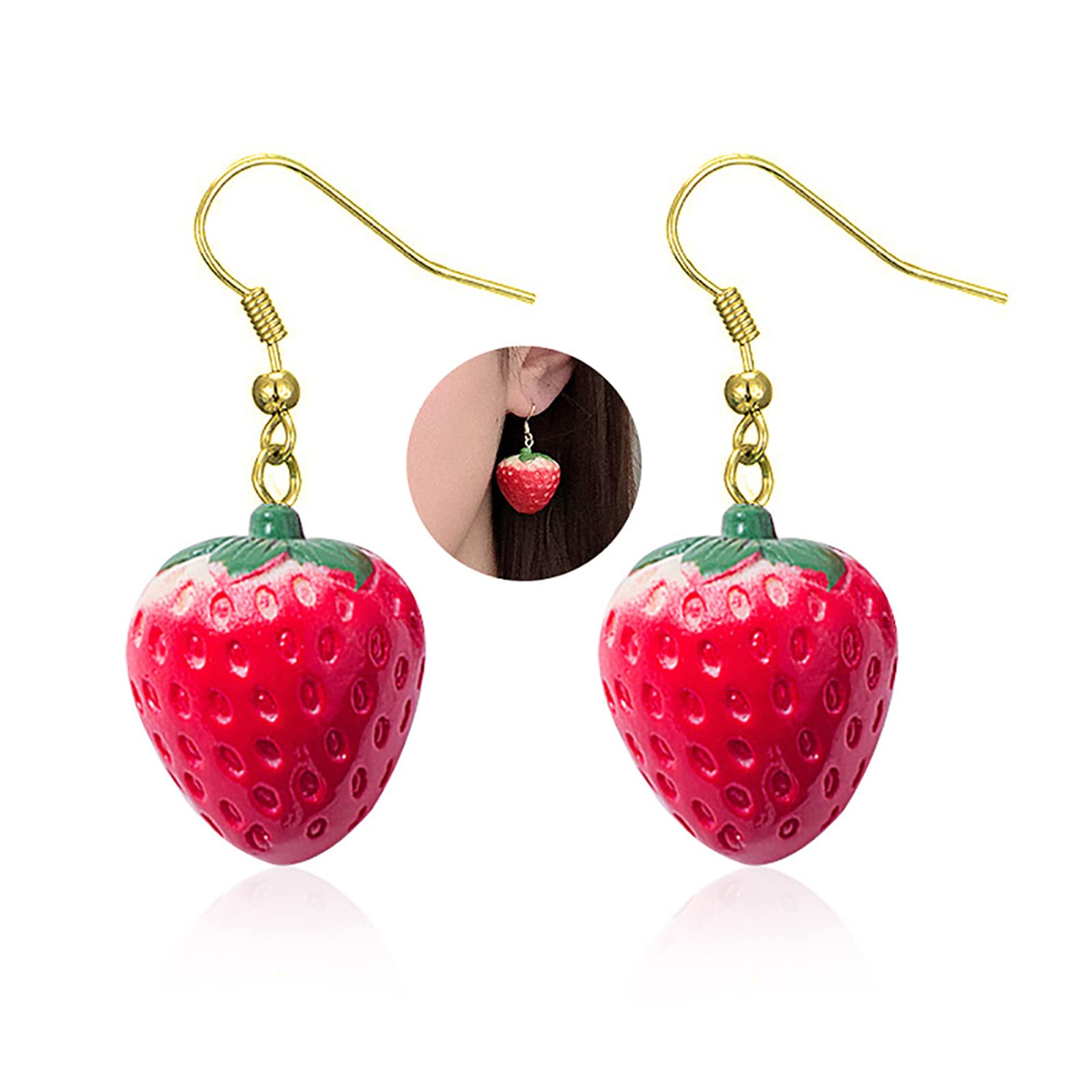 MALOYANVE 3D Strawberry Acrylic Earring for Women Cute Stereoscopic Red Strawberry Simulated Resin Fruit Dangle Earring, Country Style Ear Hook Jewelry
