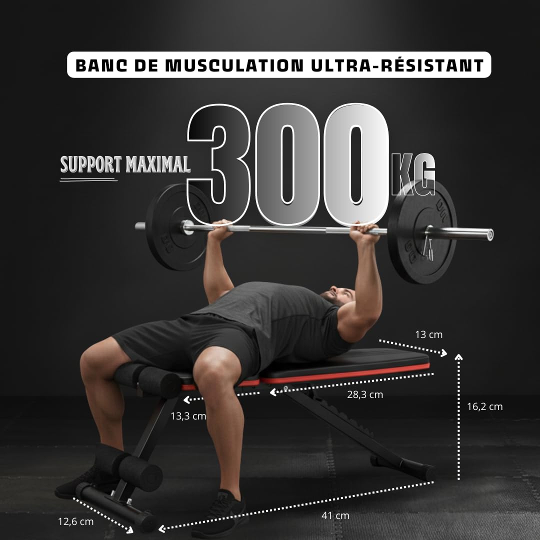 Banc de Musculation Pliable - Réglages Multiples 8 Positions - Développé Couché Inclinable Déclinable - Appareil Maison Compact - Chaise avec Dossier Confort – Support 300 kg