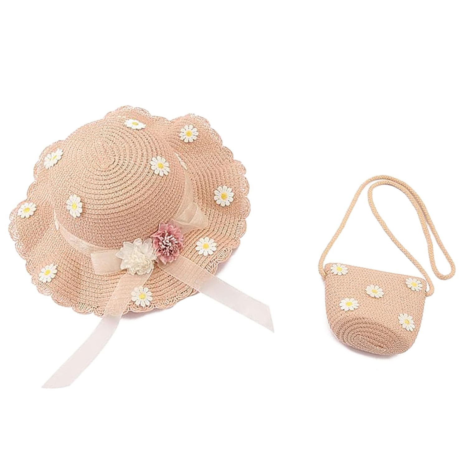 Wenrou Gorro De Paja para Niñas, Sombrero De Paja para Niños con Bolsa, Sombrero De Paja Niña, Sombrero De Sol De Paja para Niños, Sombrero De Paja para Niños, Ideal para La Playa, Los Viajes (Rosa)