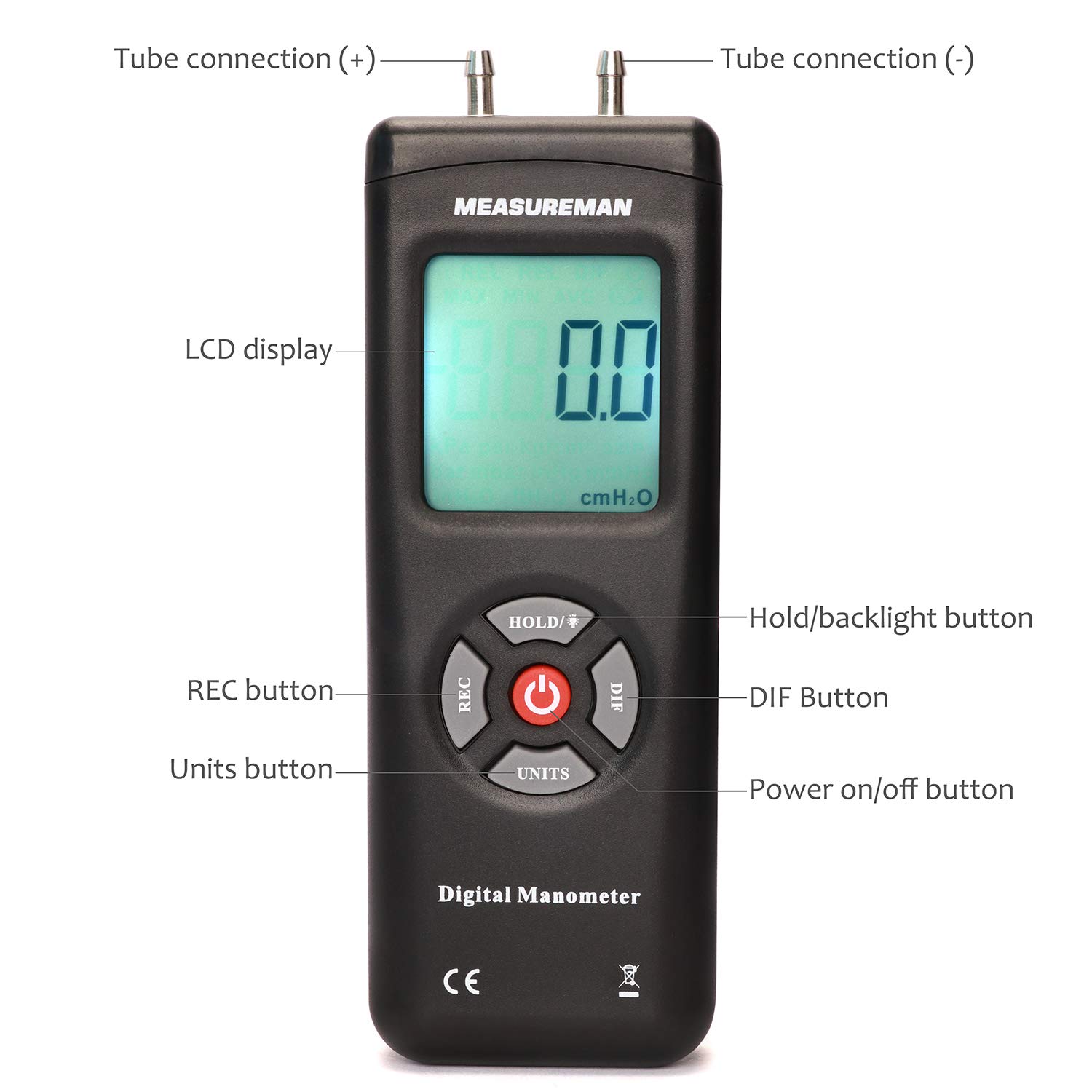 Measureman Handheld Digital Differential Pressure Gauge, Vacuum and