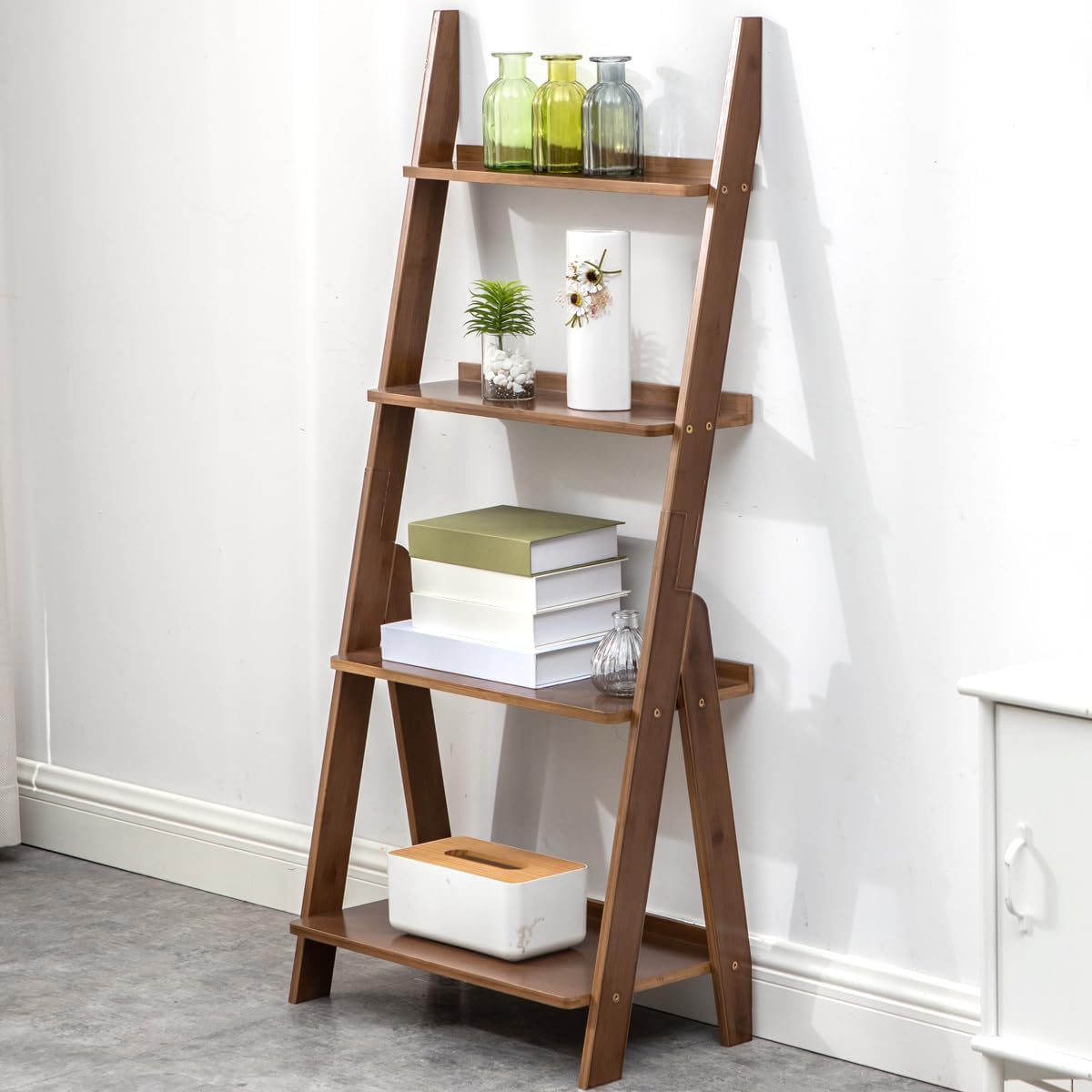 Maydear Bamboo Ladder Shelf Bookcase, 4-Tier Leaning Bookshelf Free Standing Organizer Storage Shelves for Living Room, Bedroom, Kitchen, Home Office, Balcony (Walnut) 4 Tier Walnut