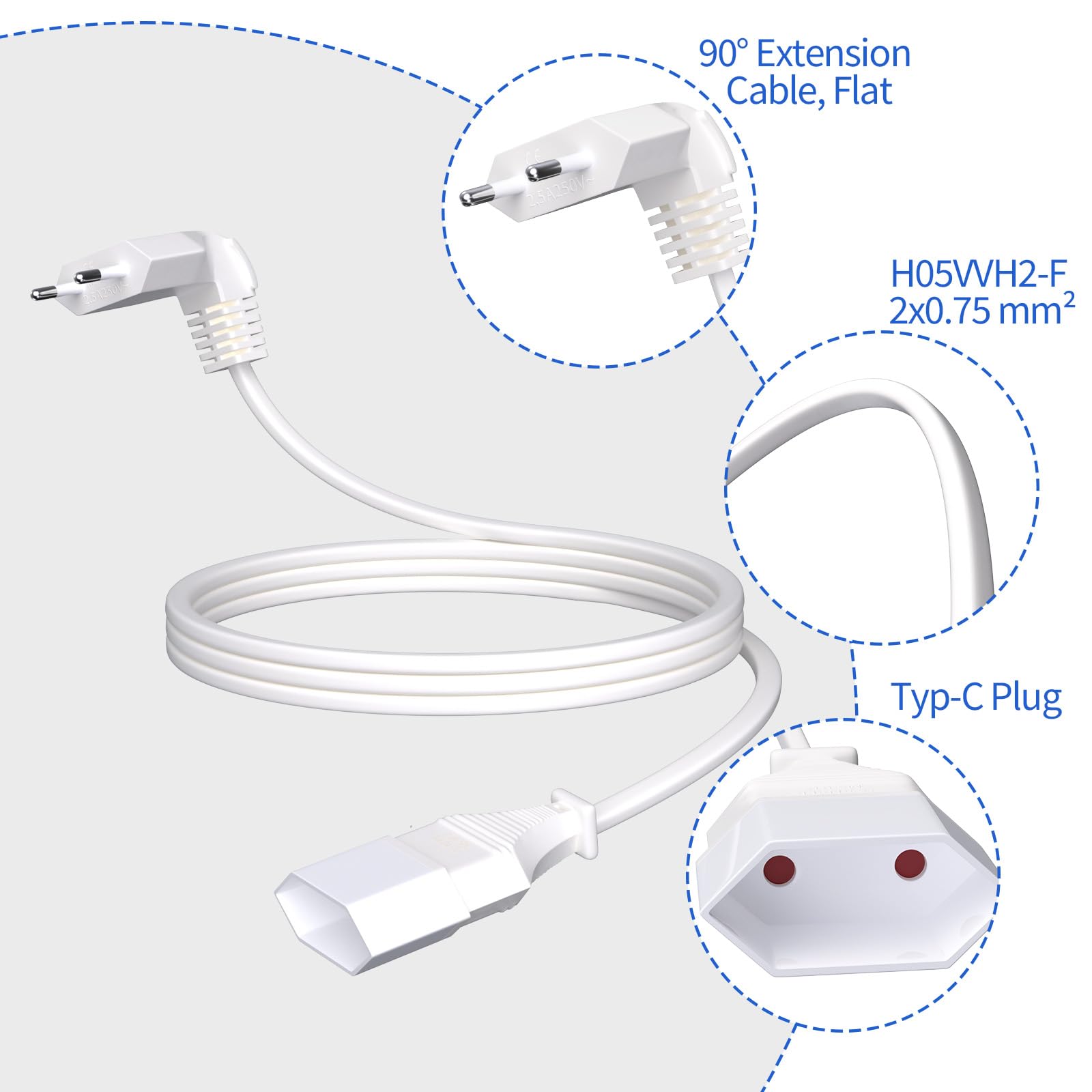 Alargador Enchufe Plano 1m, 2,5A 250V Alargador Enchufe Europeo 90° Cable Extension Corto Europeo, Enchufe Acodado Schuko para Electrodomésticos Televisores Enchufes de Carga Computadoras Lámparas — view 3