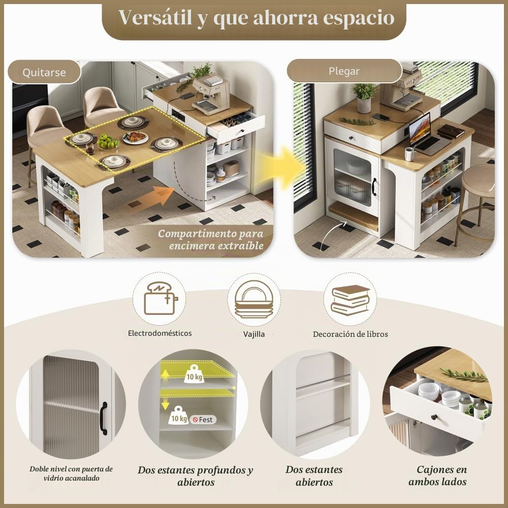 Mueble isla de cocina 71(151) x80x92 cm, mesa de comedor extensible con tablero extraíble, mesa de bar con enchufe múltiple, isla cocina sobre ruedas para comedor (A-blanco + natural)