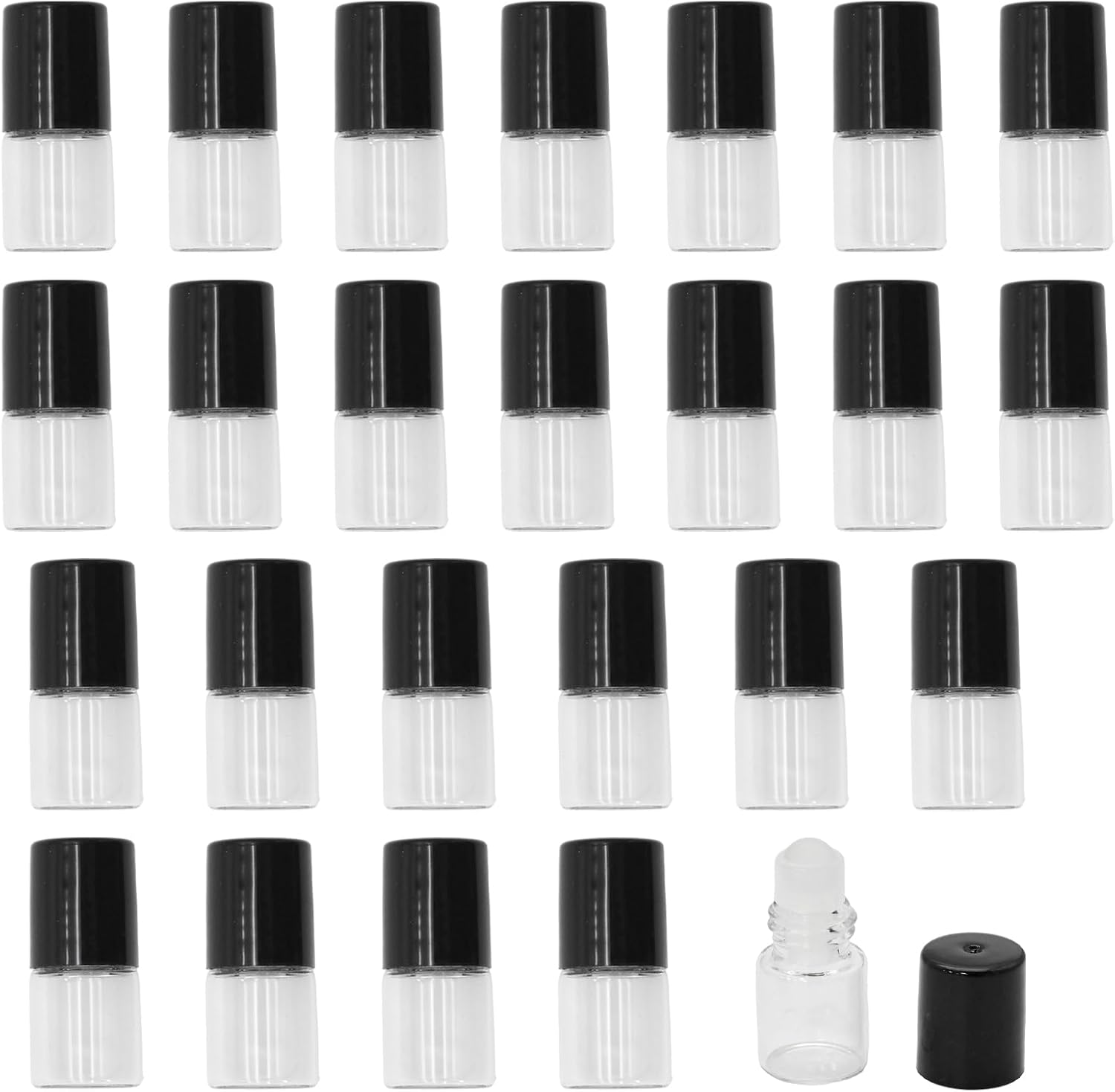 25 Pcs Glass Mini Roll on Bottles with Black Cap, Empty Essential Oil Roller Ball Bottles Sample Vials, Refillable Cosmetic Bottle for Travel/Aromatherapy/DIY Enthusiasts