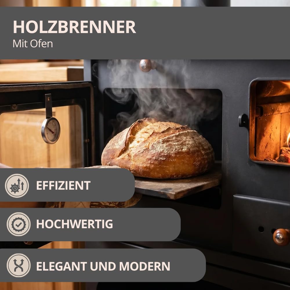 Prity 1P34 Holzofen mit Backofen, linksöffnend, Türscharnier links, Gusseisen-Oberseite, CE-zertifiziert, Festbrennstoffkocher