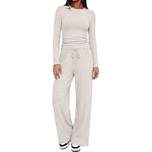 GFU Women's Two Piece Matching Lounge Set Long Sleeve Side Ruched Top Wide Leg Drawstring Pants Pj Set with Pockets