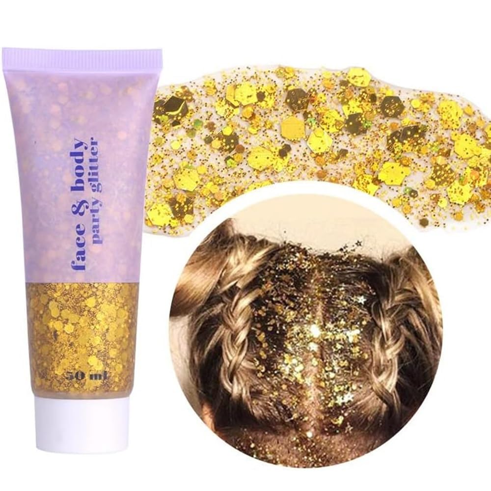 Beliky Girl Body Glitter Gel,50ML Face Glitter Body Gel Sequins Shimmer Liquid Eyeshadow,Mermaid Holographic Glitters,Chunky Glitter for Face Hair Nails,Halloween Festival Rave Accessories (Gold)