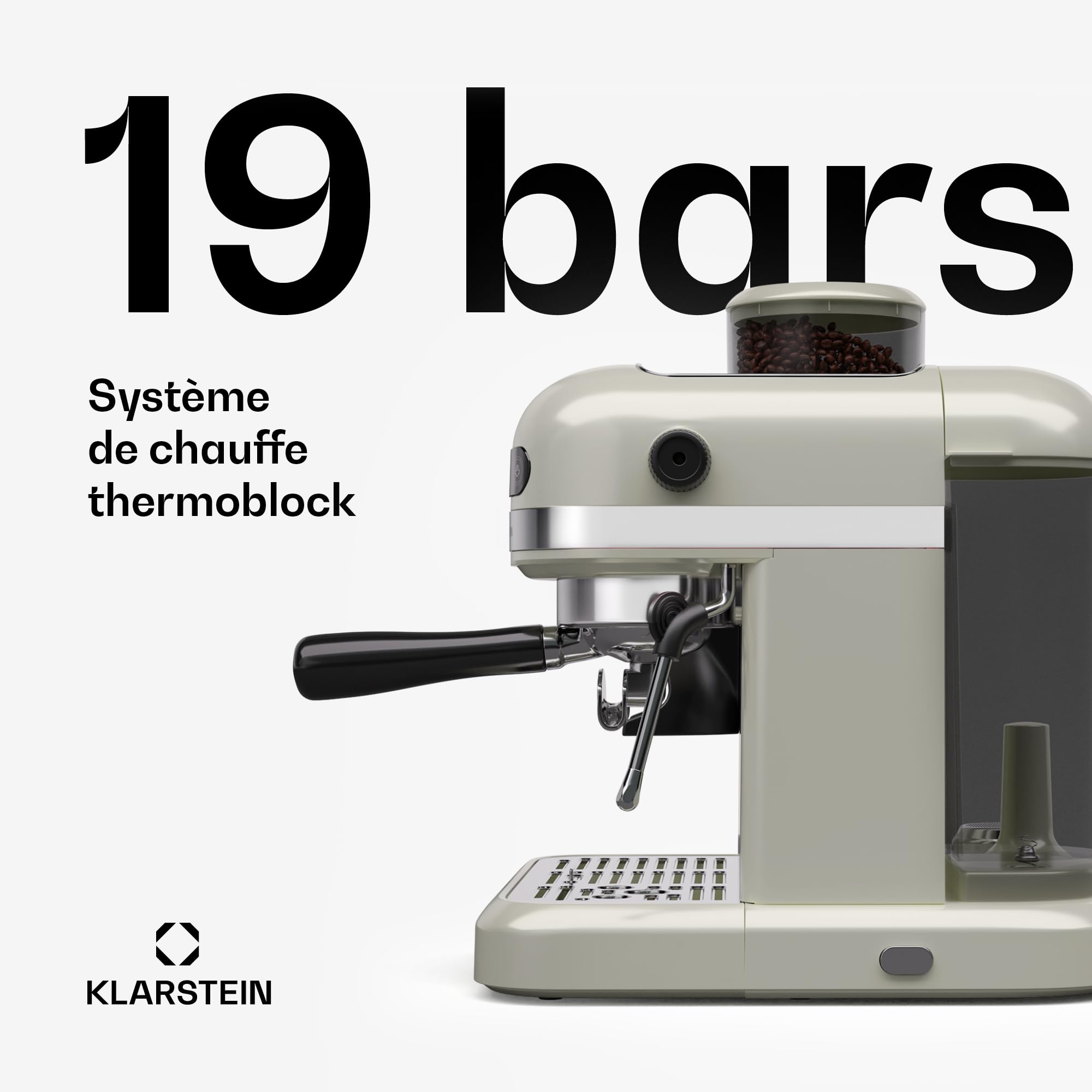 KLARSTEIN Bella Café Machine à café en grain – 19 Bars, 1550 W, Broyeur intégré 200 g, Mousseur à lait, Réservoir 1,4 L, Acier inoxydable, Design rétro, Crème