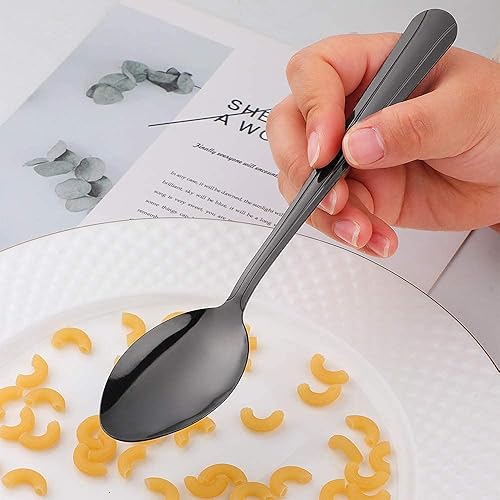 Miniatura 3 de MINGYU Juego de 12 cucharas de acero inoxidable, elegantes cucharas de sopa negras, cucharas de mesa de 7 pulgadas, cucharas de titanio para