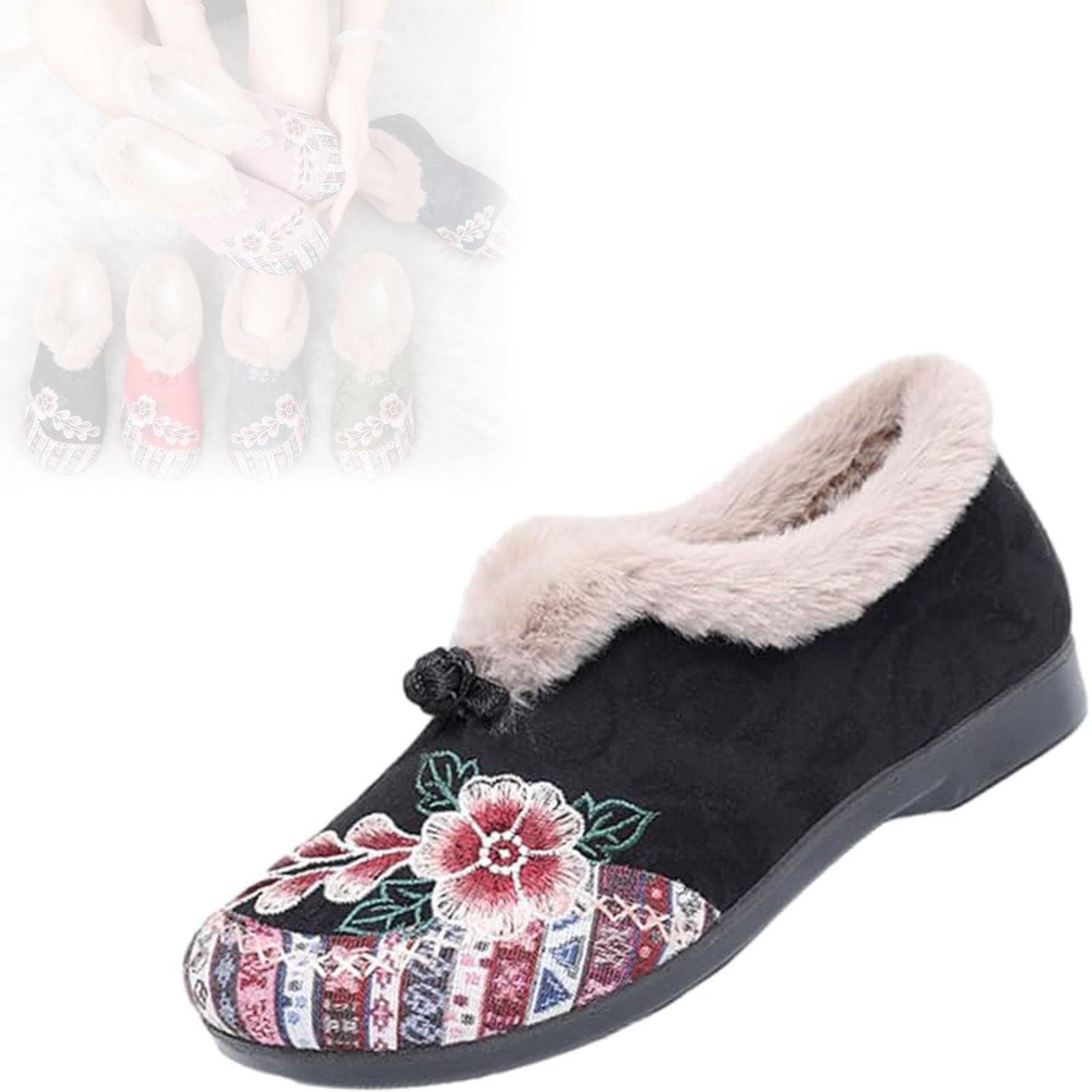 Women Winter Boots Womens Warm Floral Embroidered Winter Shoes Soft-Soled Non-Slip Boots for Indoor Outdoor