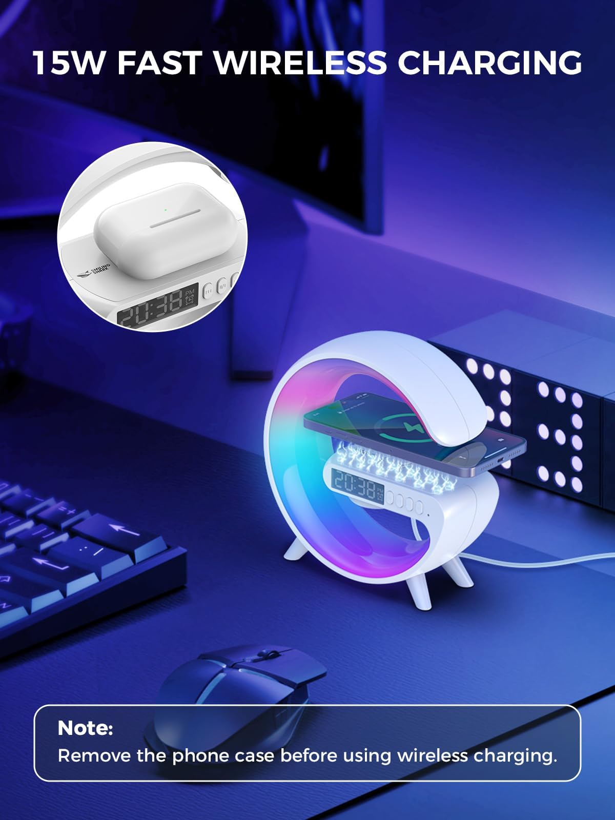 Smiling Shark Despertador Luz, Atmósfera Lampara Cargador Inalámbrico con Altavoz Bluetooth Botón Control 10 Modo de Luz Amanecer Simulación Inteligente LED Luces de Despertador para Decoración Hogar