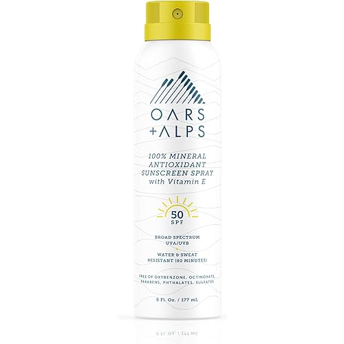 Oars + Alps 100% Mineral Sunscreen Spray for Face, SPF 50 Body Sunscreen Infused with Vitamin E & Antioxidants, All Skin Types, No White Residue, Water & Sweat Resistant, Lightweight, Hydrating, 6oz