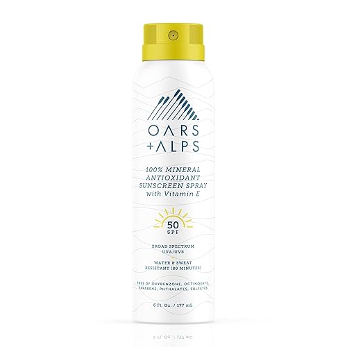 Oars + Alps Protector solar en aerosol 100% mineral para cara, SPF 50 con infusión de vitamina E y antioxidantes, todo tipo de piel, sin residuos