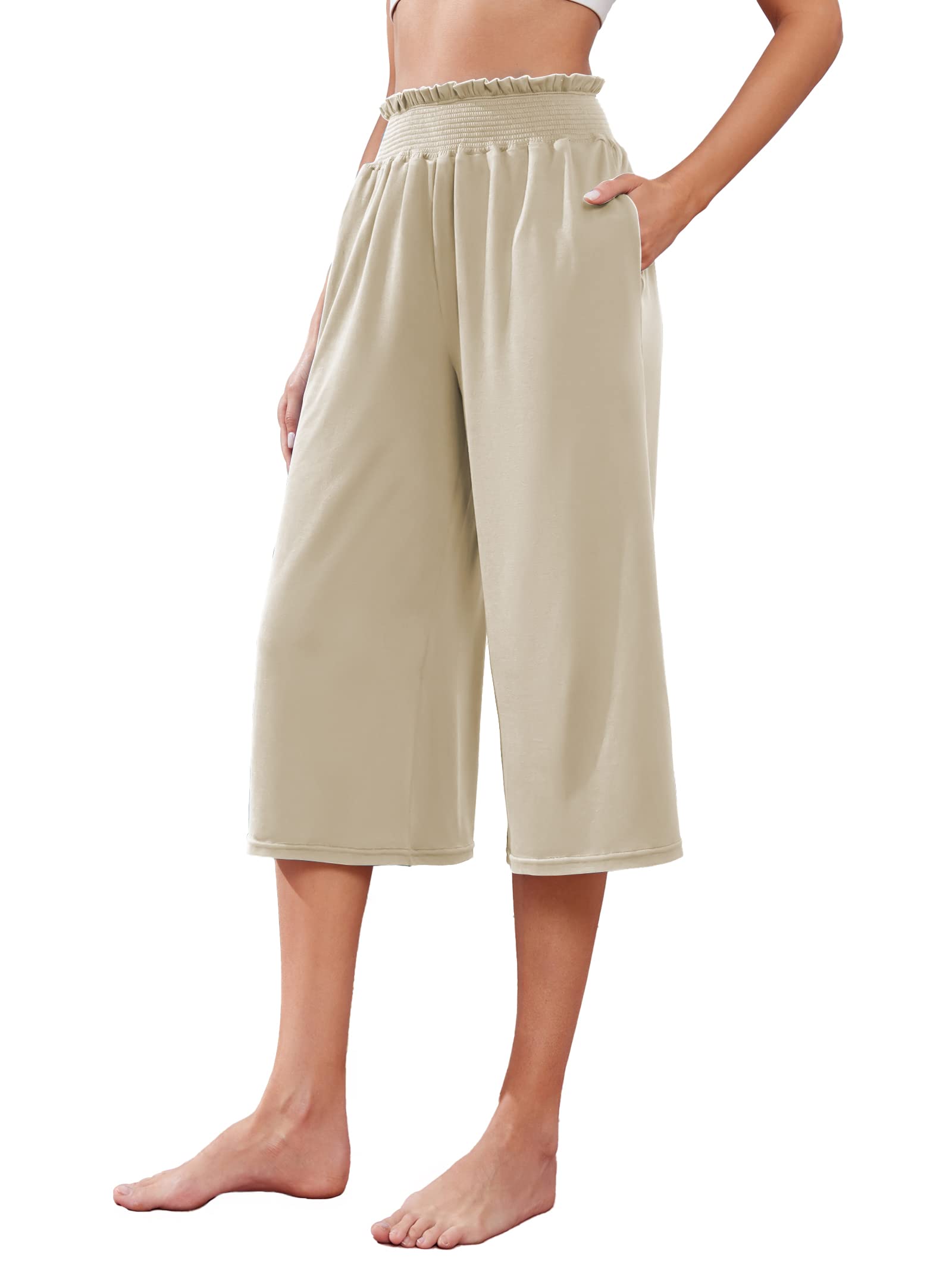iChunhua Wide Leg Capri Yoga Pants for Women Loose Summer Ruffles High Rise Cropped Bottom with Pockets
