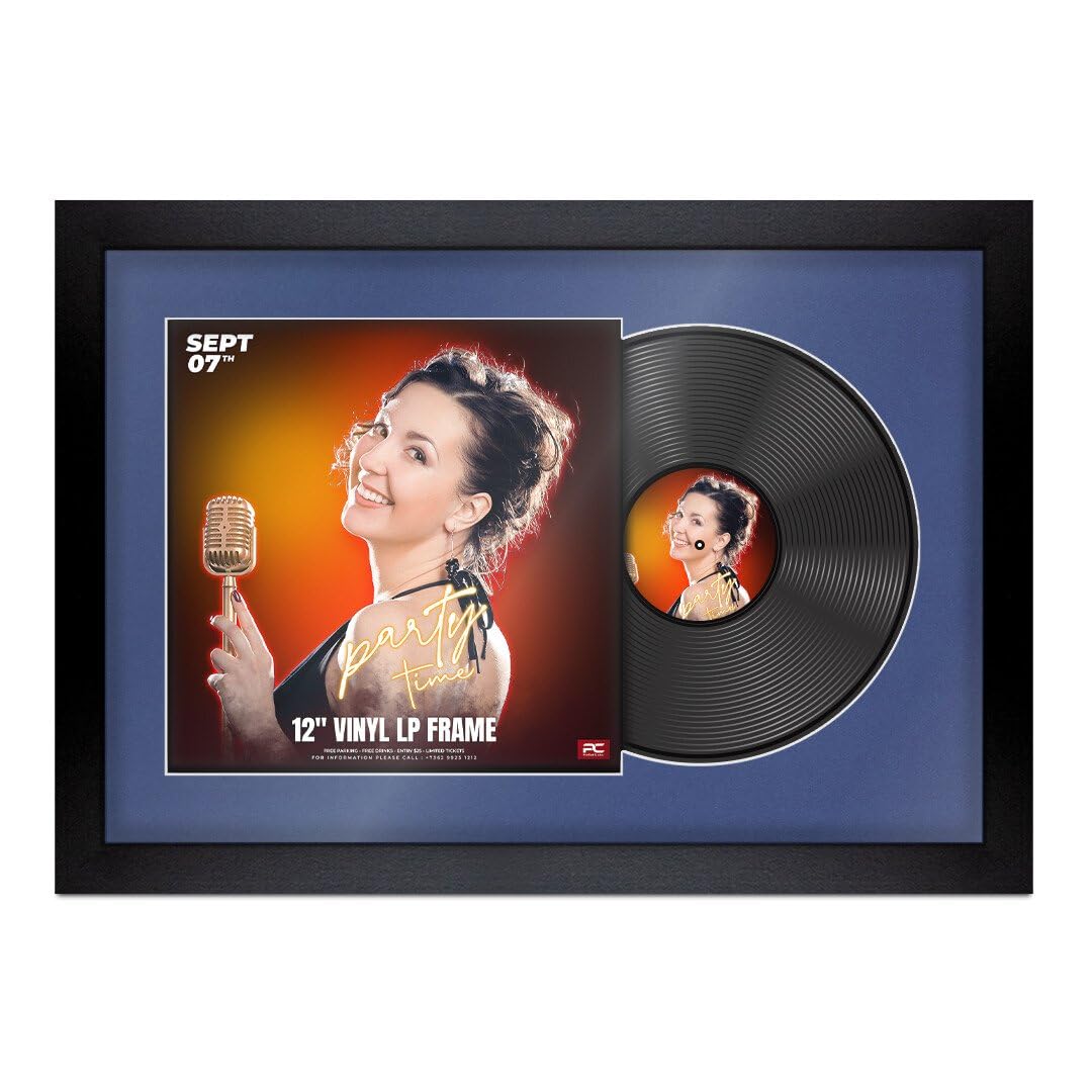 Procut Global 25x17" Matte Black Vinyl Record Frame for 12 Inch LP Cover & Disc - Display Photo Frame with Overlapped Design-Engineered Wood, Shatterproof Perspex - Music Lover Gift & Home Décor