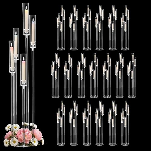 Miniatura 19 de Centros de mesa acrílicos de 5 brazos para bodas, candelabros de piso con pantalla extraíble para fiesta de Navidad, chimenea, día de San Valentín