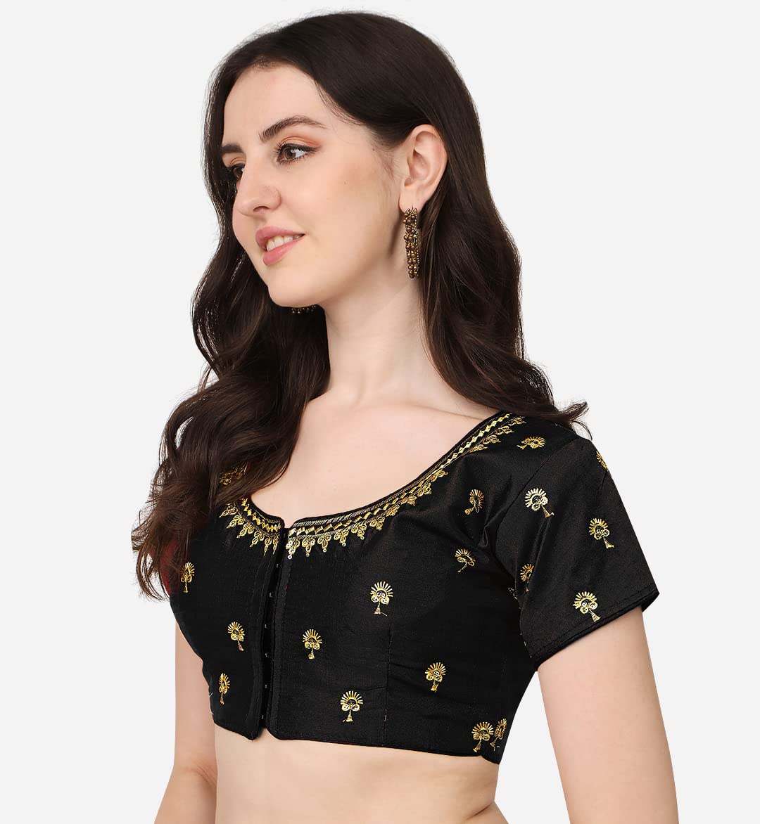 Pujia Mills Women's Phantom Silk Floral Half Sleeve Saree Blouse (Kajalll2L Blouse_Black_38 Size+Margin)
