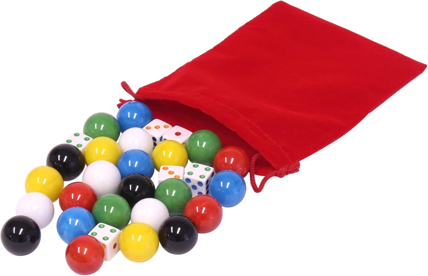 AmishToyBox.com Game Bag of 24 Extra-Large Glass Marbles (1" Diameter) and 6 Dice for Aggravation Game, 4 Each of 6 Colors - Red, Blue, Green, Yellow, White, and Black