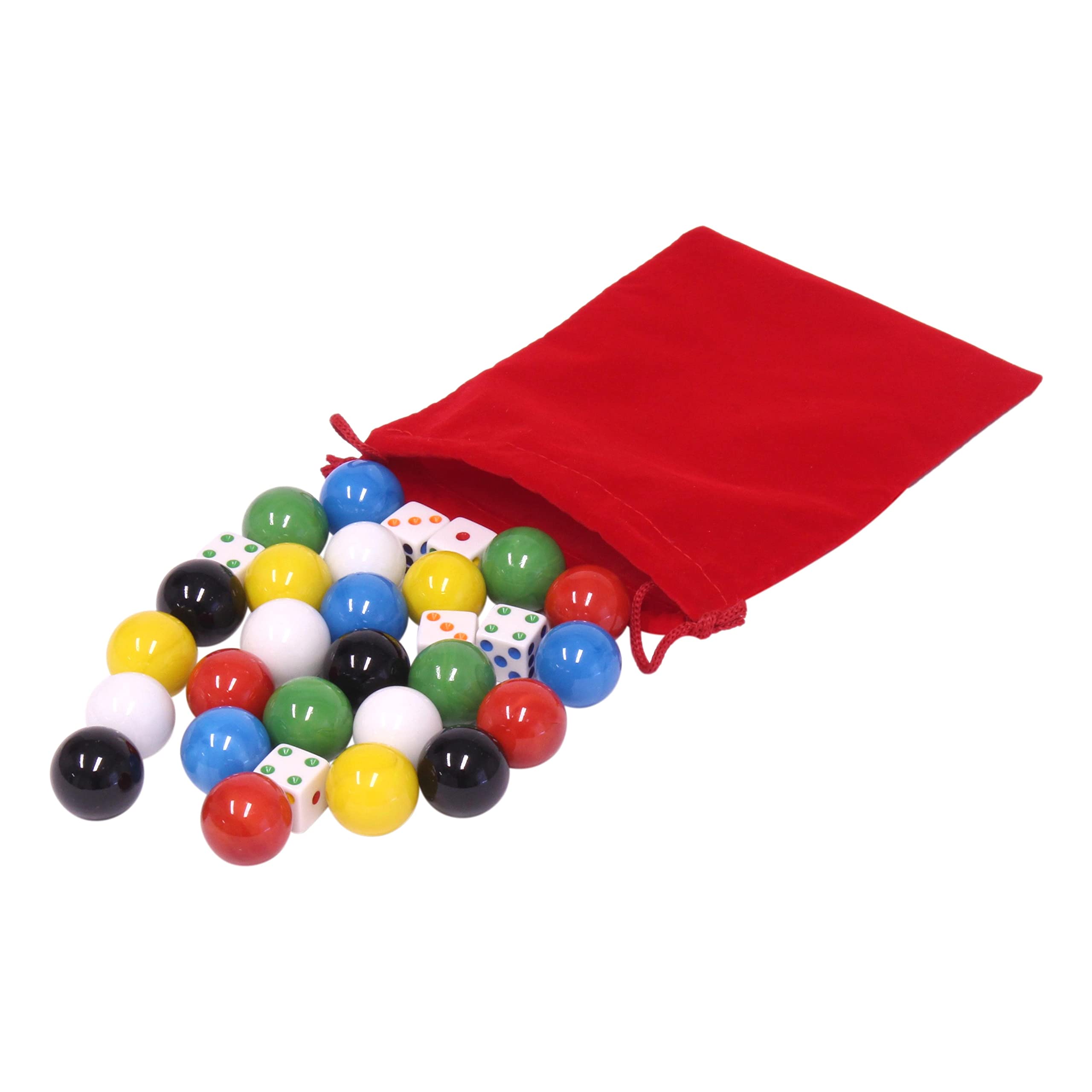 AmishToyBox.com Game Bag of 24 Extra-Large Glass Marbles (1" Diameter) and 6 Dice for Aggravation Game, 4 Each of 6 Colors - Red, Blue, Green, Yellow, White, and Black