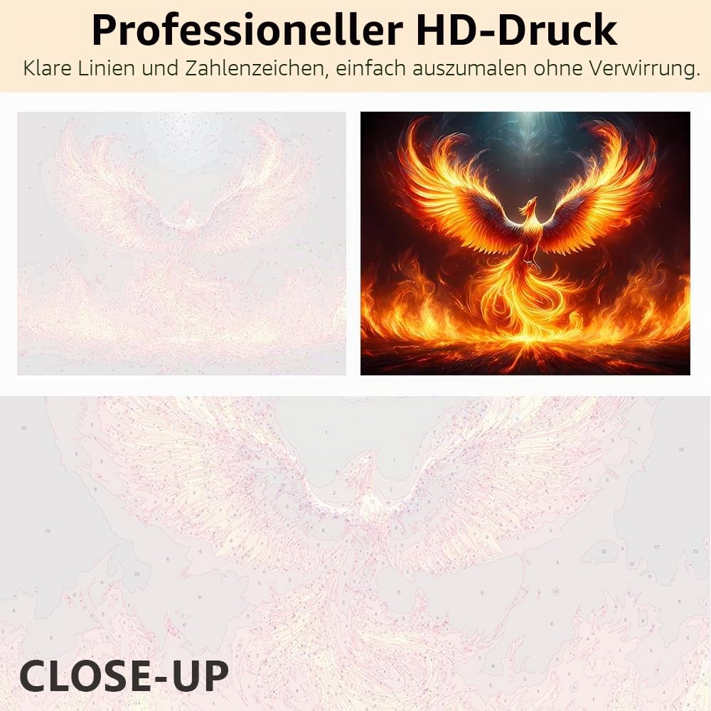 TISHIRON Malen Nach Zahlen für Erwachsene,Der Majestätische Phoenix in der Wiedergeburt Ölgemälde Kit für Anfänger,Mit 3-Pinseln Handgemalt ölgemälde Kit 40x50cm(mit Rahmen)