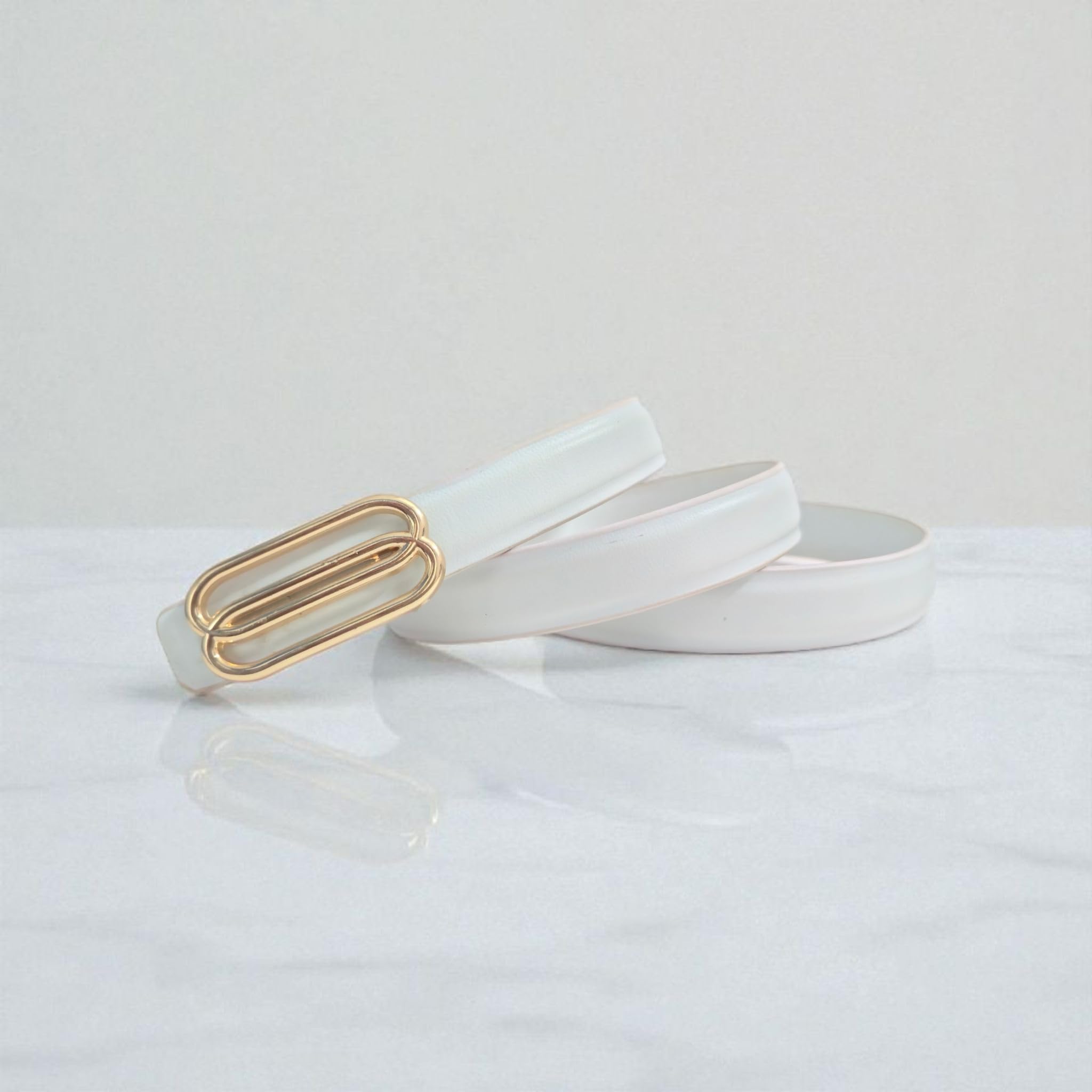 Women Artificial Leather Belt with Gold Rectangular Buckle | Stylish Casual & Formal Waist Belt (4020-WHITE_)-image-35