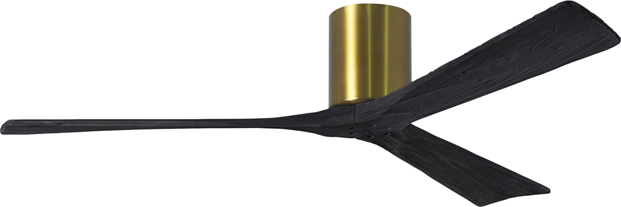 Matthews IR3H-BRBR-BK-60 Irene Indoor/Outdoor Damp Rated Flush Mount 60" Hugger Ceiling Fan with Remote & Wall Control, Silent DC Motor, 3 Matte Black Solid Wood Blades, Brushed Brass