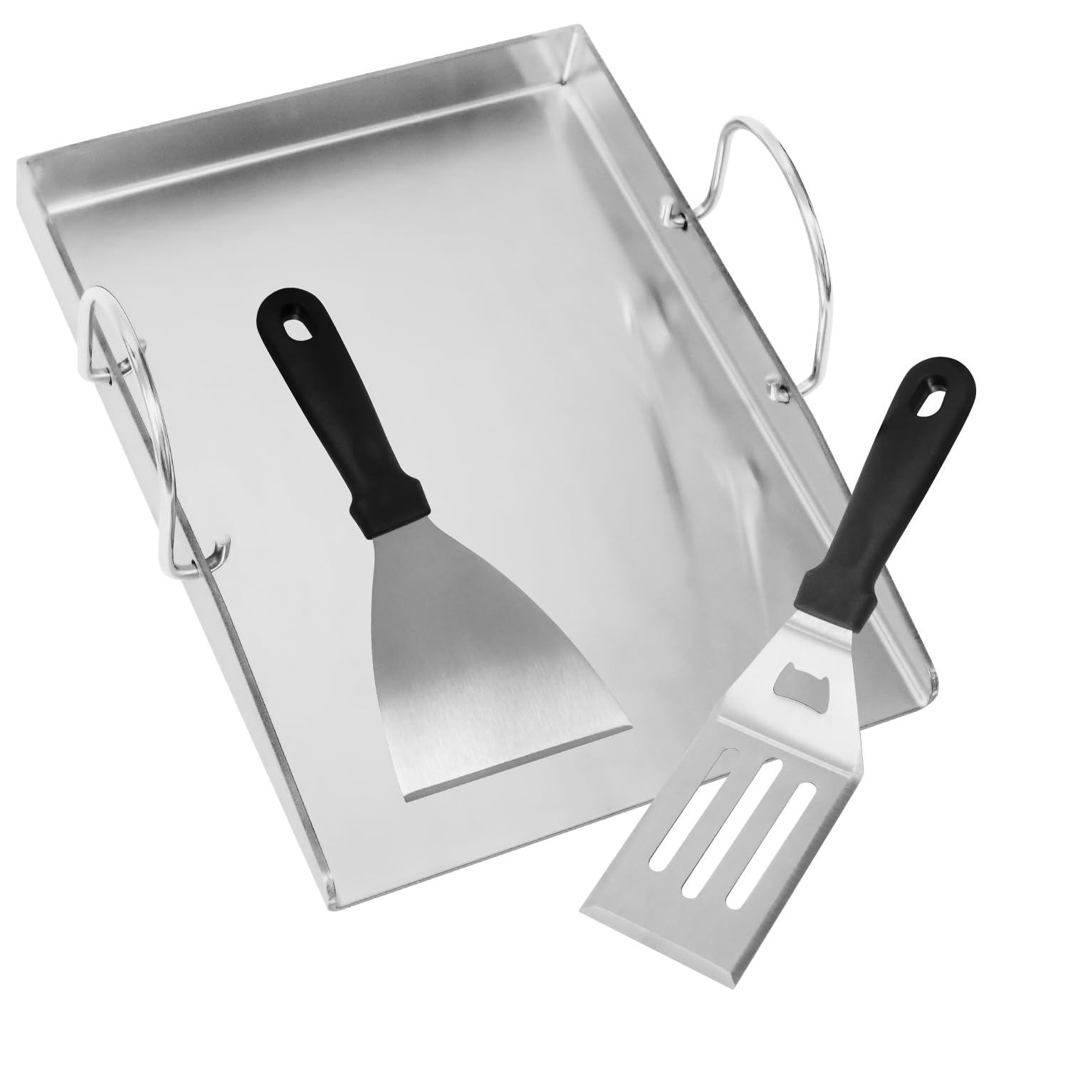 Edelstahl Grillplatte Plancha 40 x 30 x 4 cm mit 2 Grillspachteln, Abnehmbaren Griffen für Weber, Enders, Burnhard Ersatzteile Zubehör – BBQ Grillplatte für Gasgrill & Holzkohlegrill