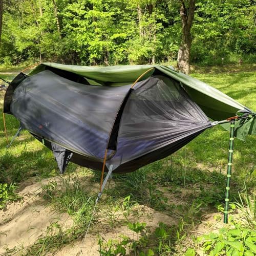 Image of Camping Hammock Tent with Mosquito Net & RainFly, 3 in 1 Waterproof Portable Sleeping Hammock Bug Backpacker Lightweight Outdoor Gear Swing for Hiking Travel Patio Expedition(Dark Green)