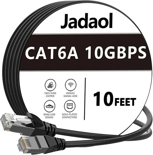 Jadaol Cat6a Ethernet Cable 10 ft, Slim Round 28AWG, 10Gbps 550MHz High-Speed Pure Copper RJ45 LAN Cable, Indoor Snagless Flexible Internet Network Patch Cord for Router, Modem, Switch, Gaming, Black