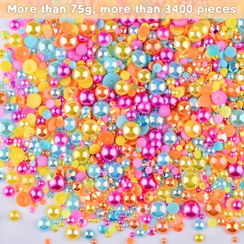 Kikonoke 75g Mix Resin Pearls Rhinestones Kit, 3-10mm Half Pearls and 2-6mm Flatback Rhinestones for Nail Art Decoration Shoes Clothes Tumblers Scrapbooking Craft DIY (Summer)