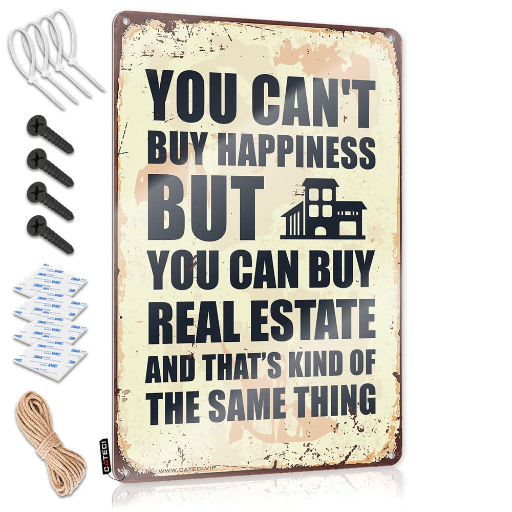 Dtwe One Color Decaor Sign You Can't Buy Happiness But You Can Buy Real Estate Sign Funny Signs Billiard Cheers Tin Sign(20X30cm)