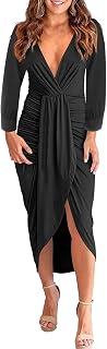 Elegant Women's Sexy V-Neck Long Sleeve Wrap Dress Ruched Adjustable Spaghetti Straps Backless Bodycon Midi Dress Mini Dress Women's with Neck Dresses Women's Summer Short, black, S