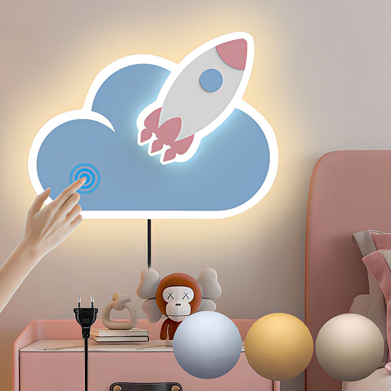LED Wandlampe mit Touch Schalter Dimmbar Kinder Wolke Wandleuchte mit Stecker Kinderzimmer Nachttischlampe Junge Mädchen Cartoon Wandlicht Acryl Wandbeleuchtung für Schlafzimmer Wohnzimmer Leselampe