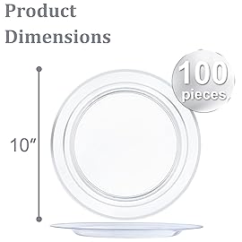 I00000 100PCS Clear Silver Plastic Plates, Clear Plates with Silver Rim, 10 Inch Dinner Plates Premium Party Supply for Wedding Birthdays Party
