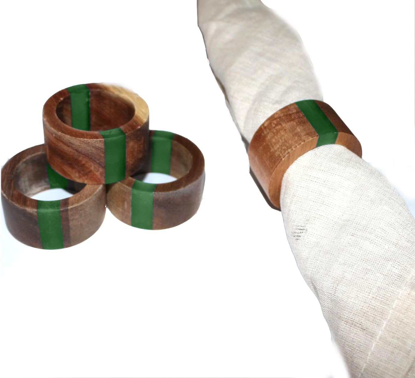 Set di 8 portatovaglioli in legno per la decorazione della tavola da pranzo, in legno di acacia, in resina, blu, per la casa e la cucina (forma rotonda verde)