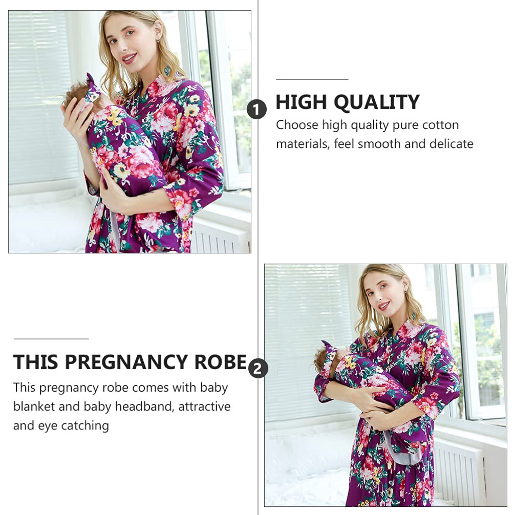 Abaodam 3 Pz Camicia da Notte Premaman Mom And Baby Matching Outfits Hospital Camicia da Notte Kimono da Donna Fajas Post Parto da Donna Mancare Viola Cardigan Sciolto Cotone