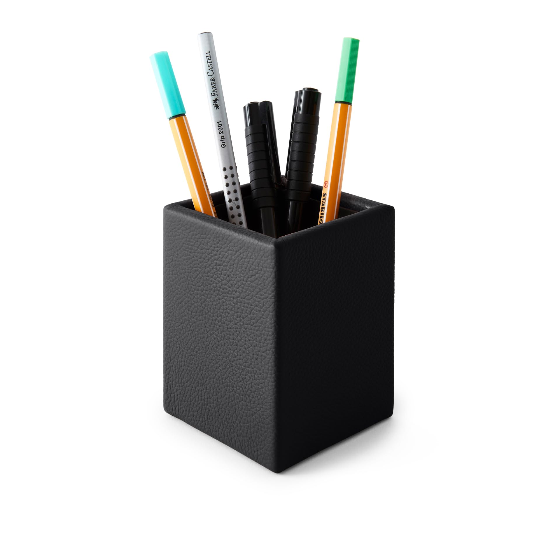Eglooh - Atena - Portapenne da Scrivania Ufficio in Vera Pelle Nera - Design Quadrato e Finiture Artigianali - cm 7 x 7 x H.9,5 - Interamente Made in Italy