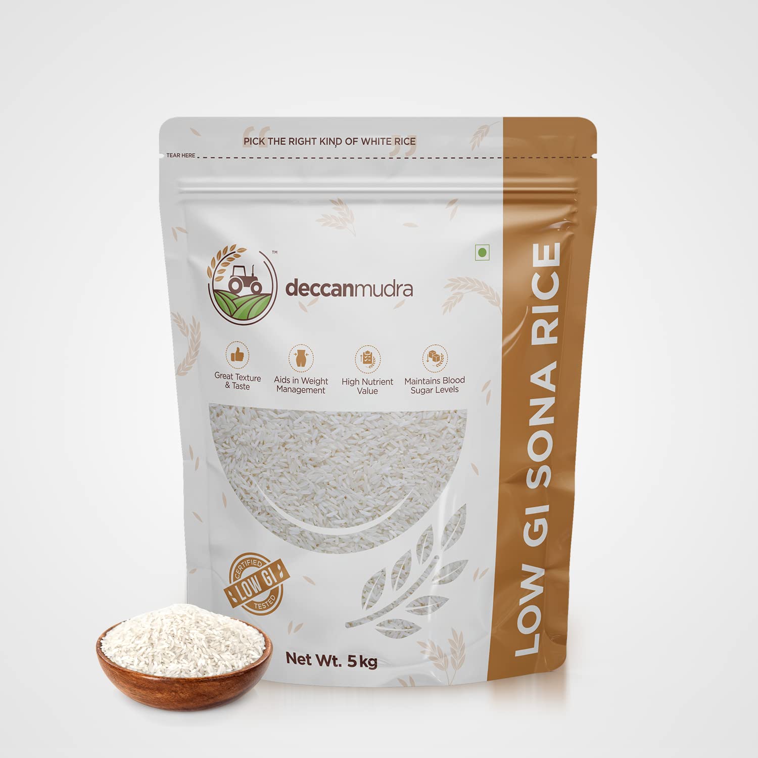 Deccan Mudra Low GI (Glycemic Index) | Diabetic White Rice | Telangana Sona Rice | Raw Rice | High Protein | Low Fat | High Fibre - 5 kg ( Pack of 1 ) (B0BHWYDGSN) Amazon Price History, Amazon Price Tracker