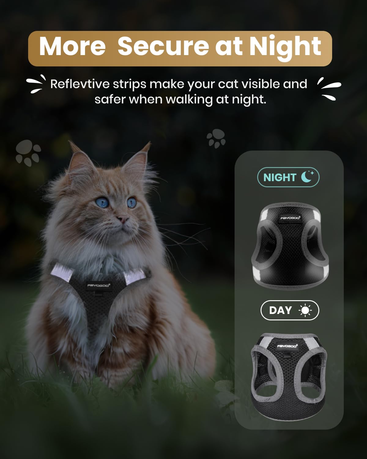 FAYOGOO Cat Harness and Lead Set Escape Proof for Large Adult Cat Outdoor Walking Adjustable Vest Soft with Leash Easy to Put On Comfortable — view 5