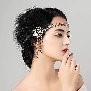 Zoestar Vintage Flapper Headbands 1920s Feather Headpiece Black Crystal Headband Gatsby Feather Hair Accessories for Women