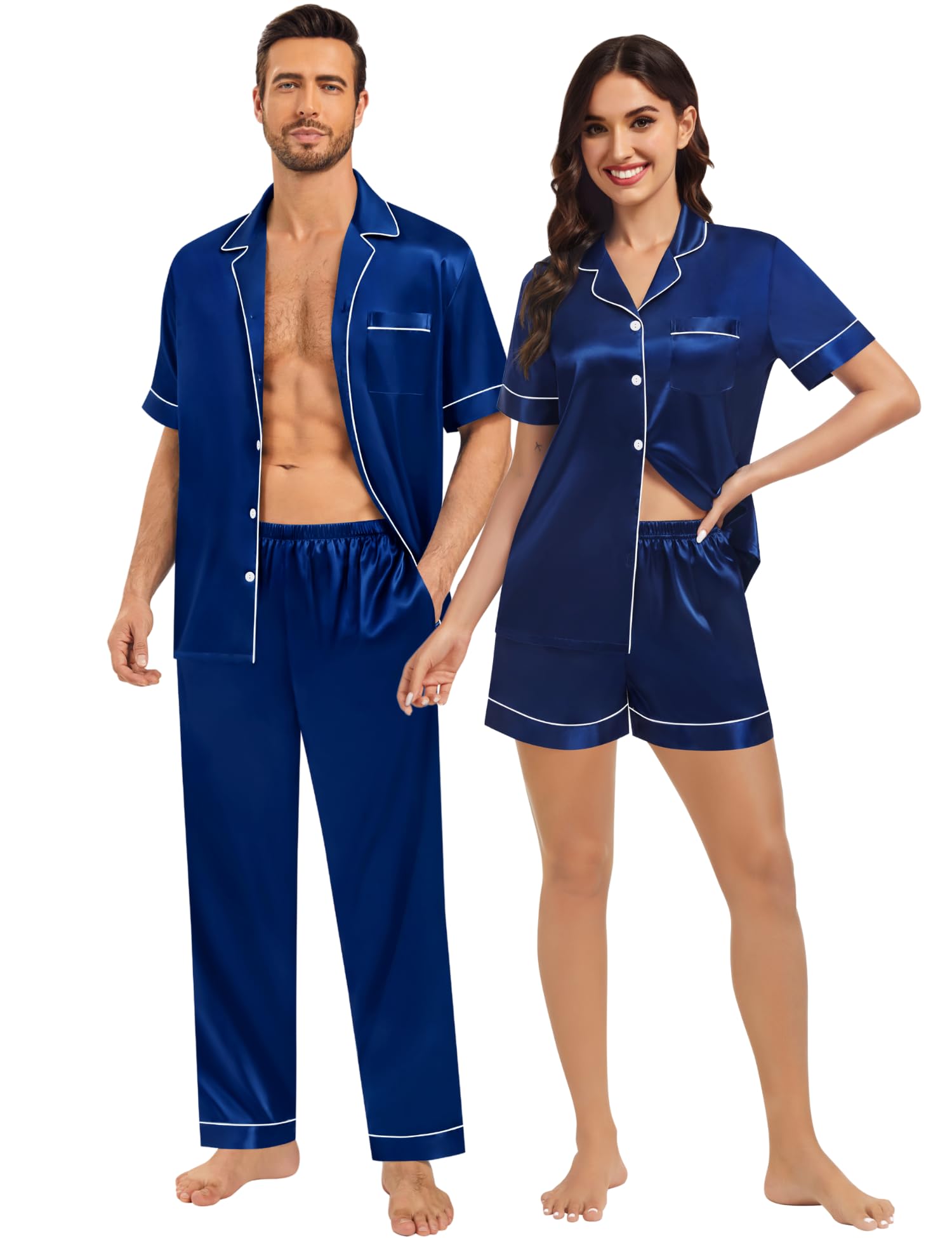 SWOMOG Matching Pajamas for Couples Satin Short Sleeve Sleepwear Women/Men Silk Soft Button Down Nightwear 2 Pcs Loungewear