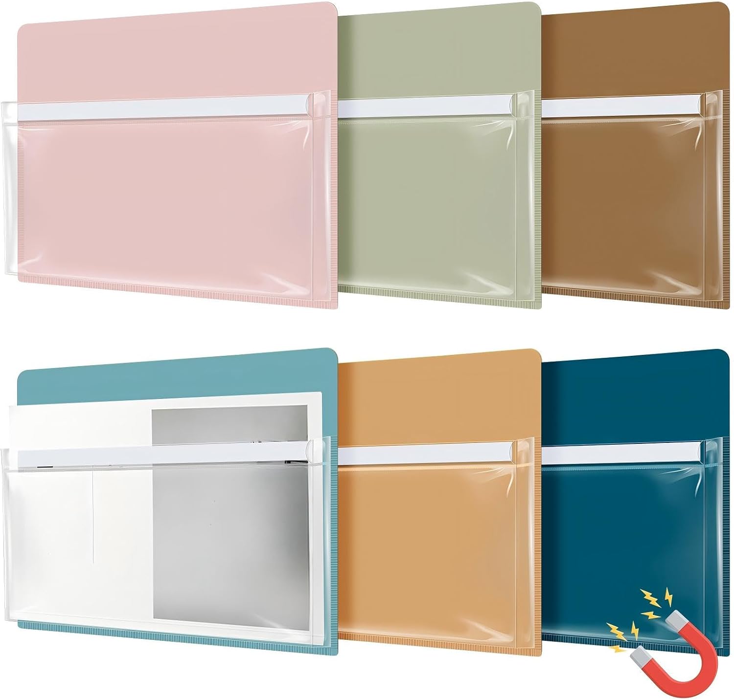 Fuutreo 6 Pack Magnetic File Holder with Clear Pocket and Label Insert 12 x 9.5 Inch Wall File Organizer for Whiteboard Fridge Locker Office Magazine Holder for Paper Mail(Macaron Color,Horizontal)
