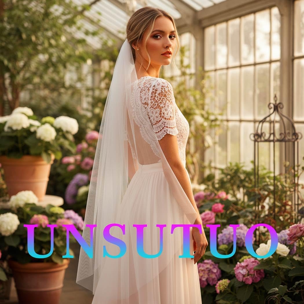 Unsutuo 1 Tier Bride Wedding Veil Ivory Fingertip Bridal Tulle Veil with Comb and Cut Edge - Image 7